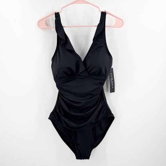 La Blanca Swimsuit Size 8 NWT One Piece Island Goddess Ruffle Surplice Black - Picture 3 of 16